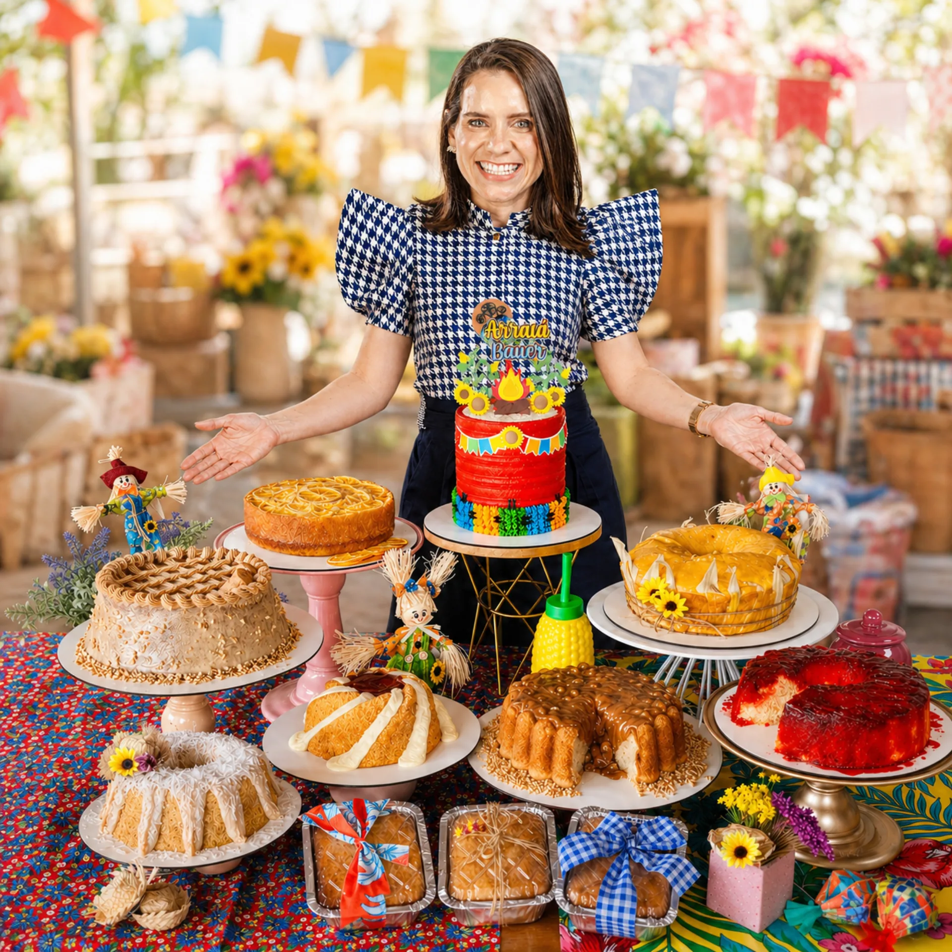 Ana Bauer com a mesa de 8 bolos arraiá
